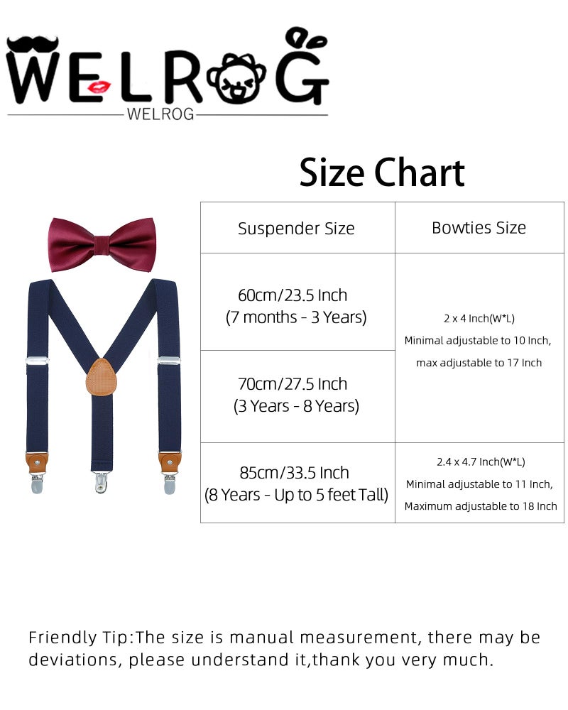 WELROG Child Boys and Girls Adjustable Silk Bowties & Suspender Sets Y Back Metal Clips Genuine Leather Suspenders (Navy + Burgundy bowtie - Image 3